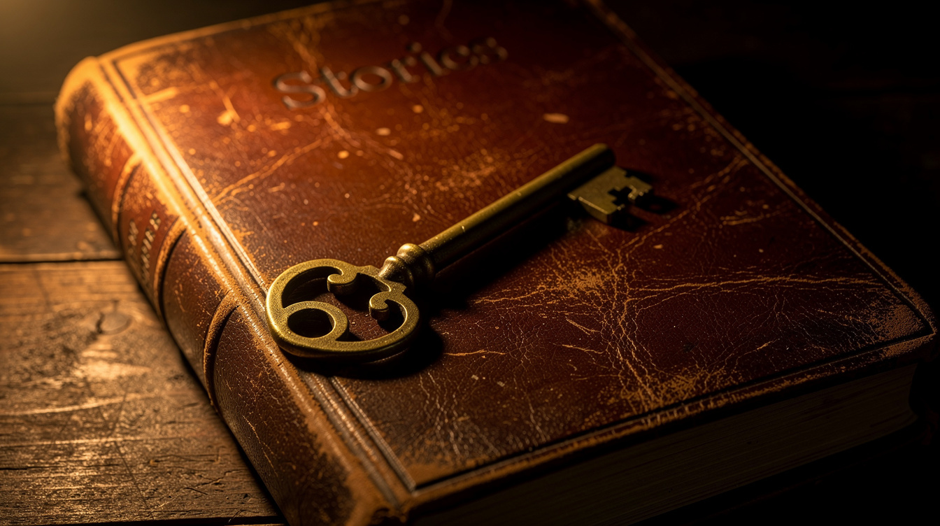 Antique brass key resting on an old leather bound book on a wooden table