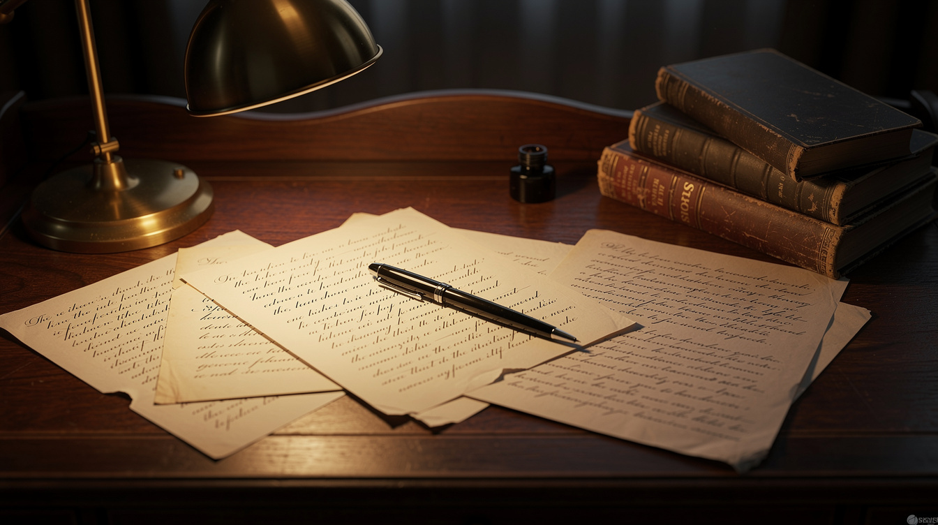 Writer's desk with manuscript pages, an ink pen and an old lamp