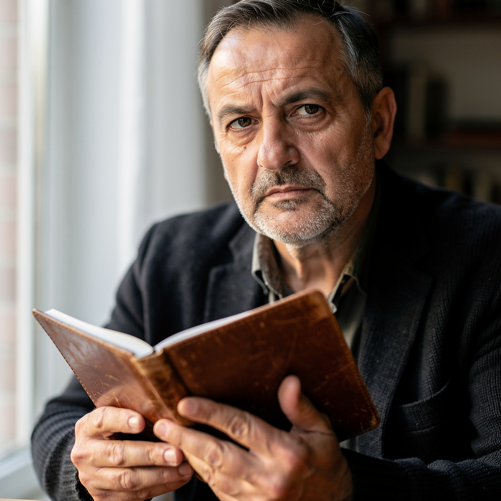 Close up portrait of a Croatian writer holding an old notebook