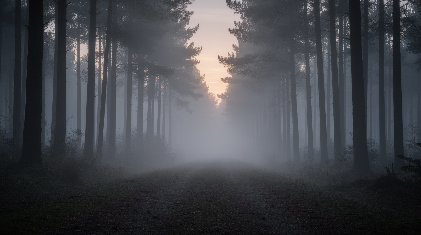 Foggy forest path at dusk with tall dark trees