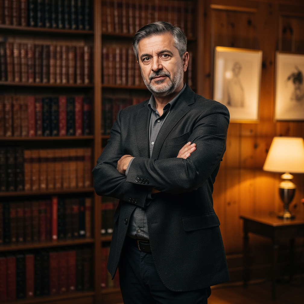 Croatian writer standing in a home library full of old books