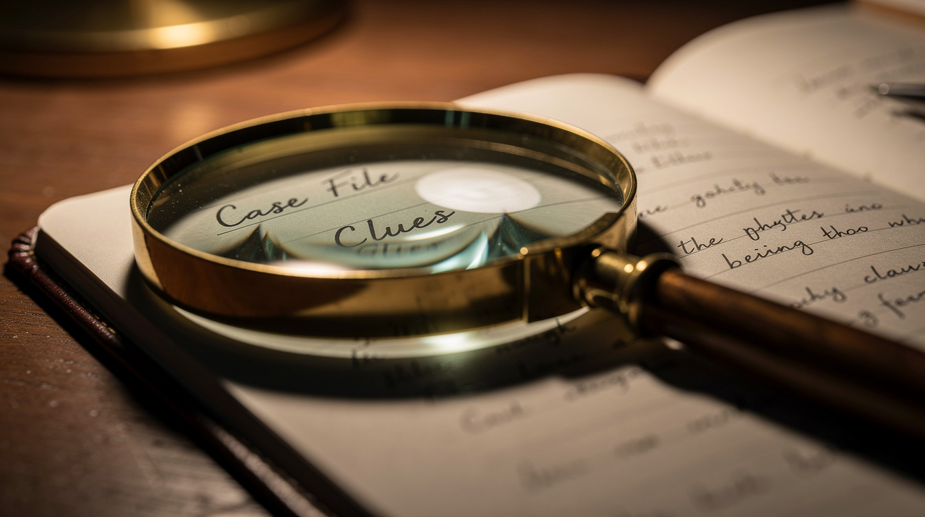 Magnifying glass resting on an open notebook filled with handwritten notes