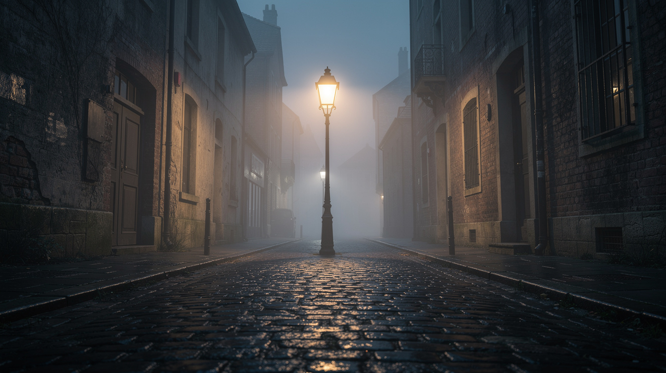 Foggy old European cobblestone street at night lit by a vintage lamppost