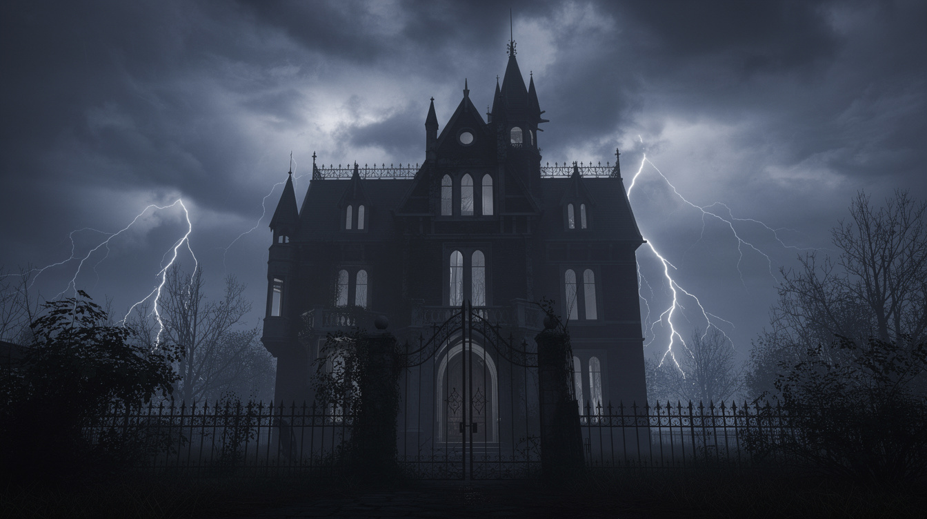 Silhouette of an old gothic mansion against a stormy evening sky