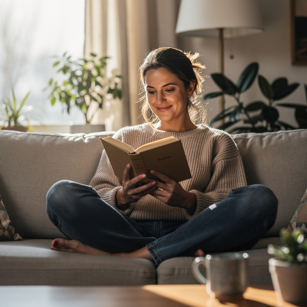 Croatian woman in her forties reading a book at home