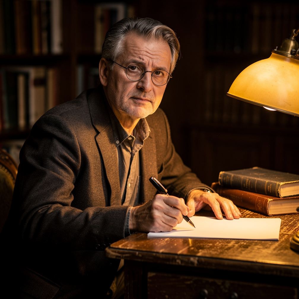 Portrait of a Croatian mystery novelist in his fifties wearing glasses and a tweed jacket, sitting at a wooden desk