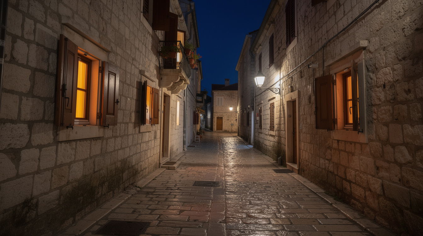 Narrow cobblestone alley in an old Croatian town at night