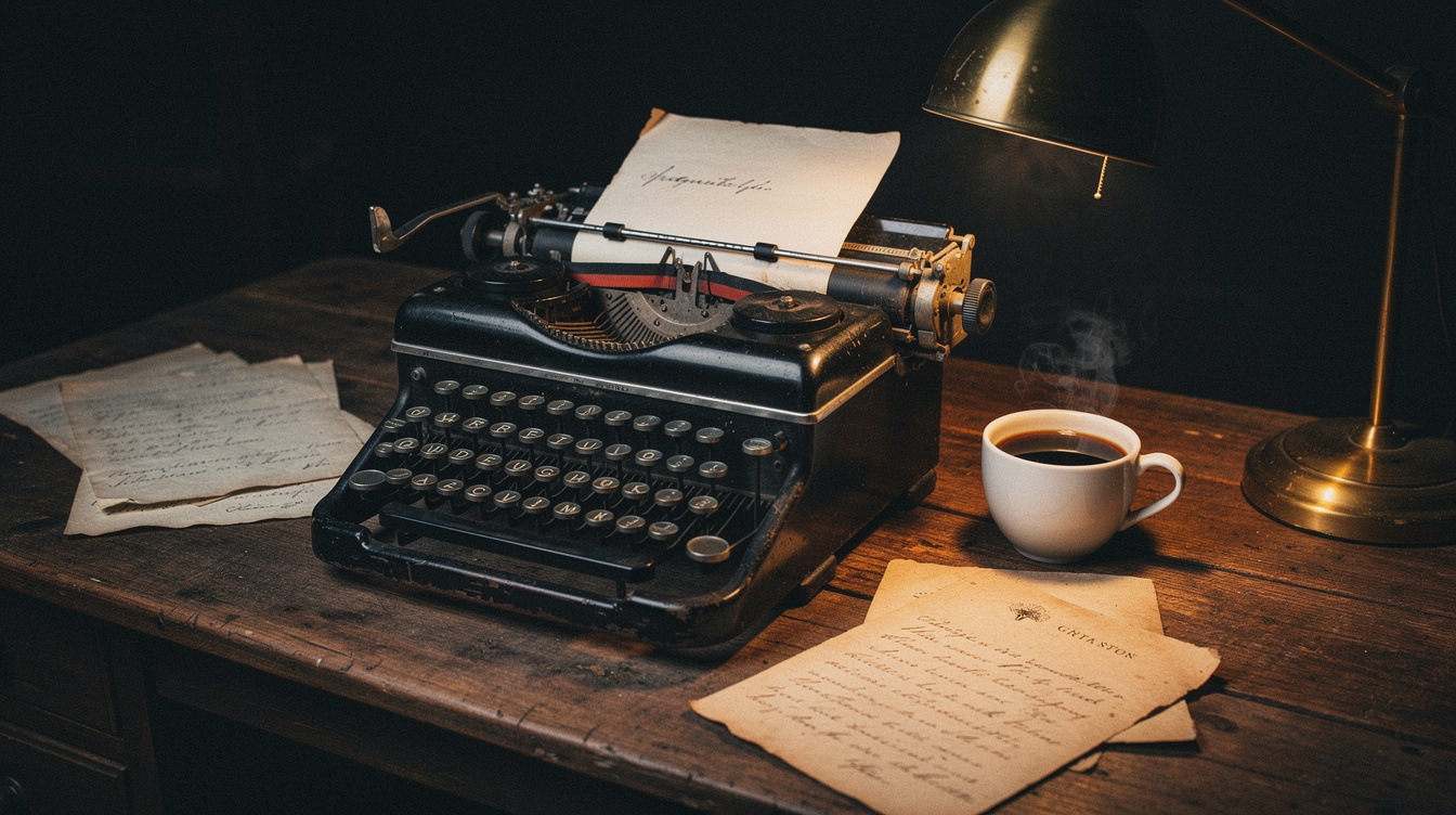 Vintage typewriter with scattered papers and a cup of coffee under warm light